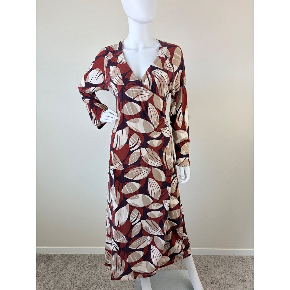 Soft Surroundings Tall M Maxi Dress Faux Wrap Long Sleeve‎ Leaf Print Rust Brown